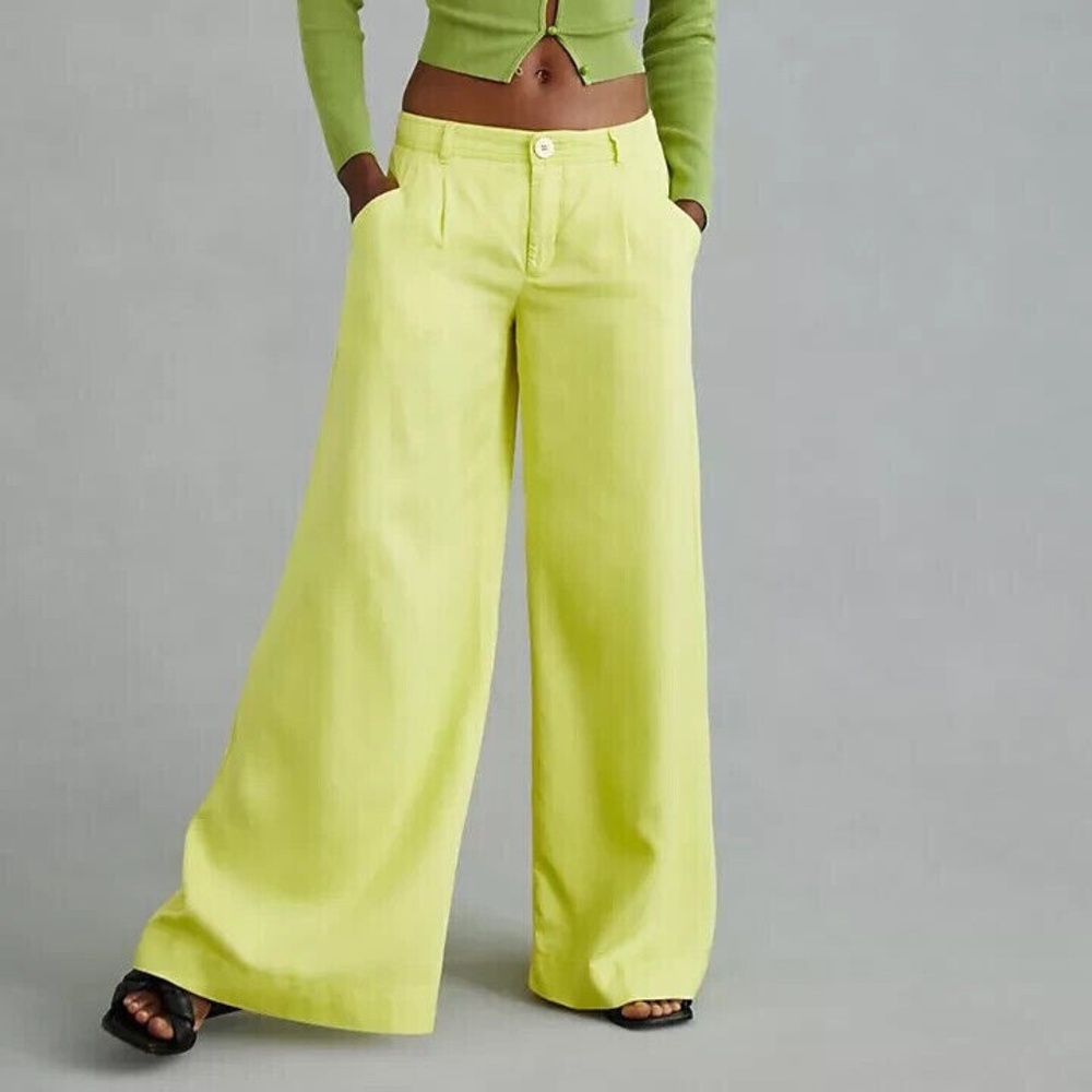 NWT Anthropologie Low-Rise Wide-Leg Pants Trousers Light Yellow Wide Leg